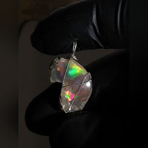 Beautiful Dark Base, High Grade, Multi Pattern Opal Wire Wrap Pendant With Sterl